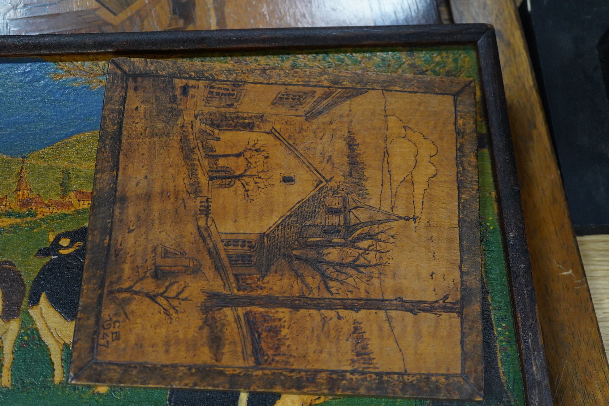A large fan shaped wooden marquetry panel - 50cm high, a similar tray and two pictures, including three other similar pictures (6)